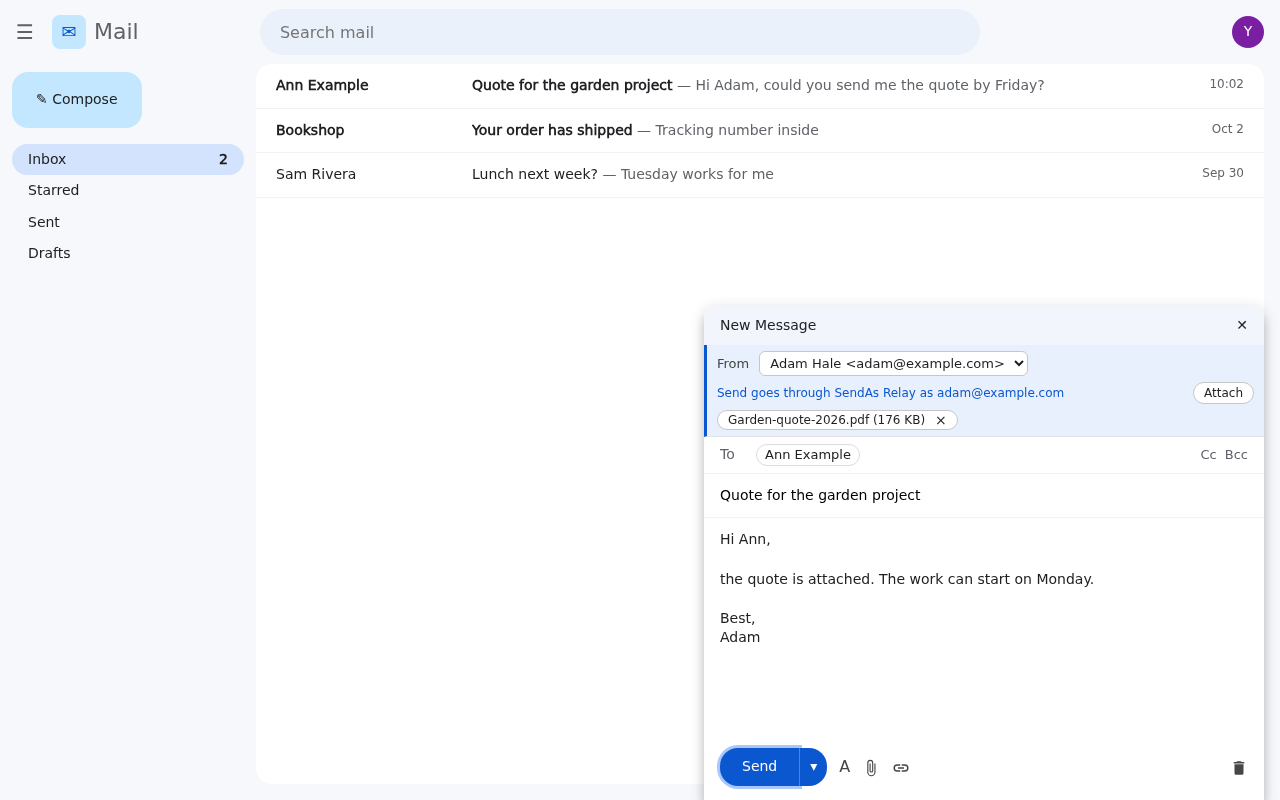A compose window with a From menu set to Adam Hale <adam@example.com> and the note 'Send goes through SendAs Relay'