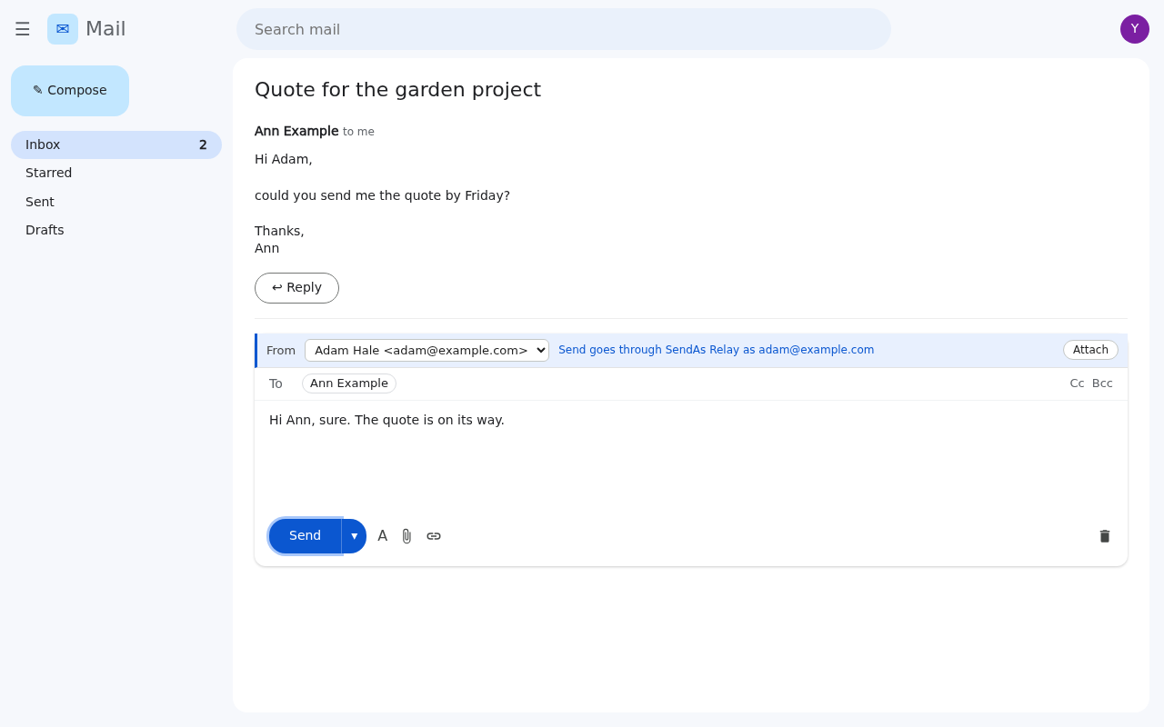 An inline reply where the From menu has picked adam@example.com automatically