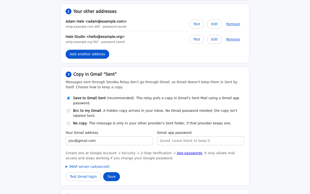 SendAs Relay settings: two saved addresses and the Gmail Sent copy option